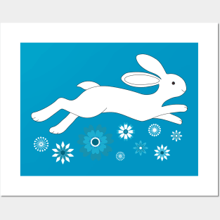 Water Rabbit with Chinese flowers - Lunar New Year - white, teal and navy - by Cecca Designs Posters and Art